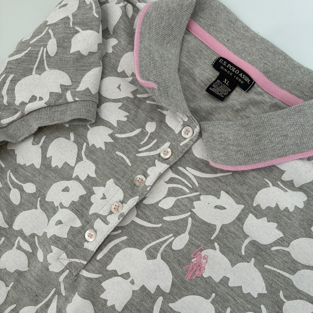 US Polo Assn Womens XL Gray Floral Polo Dress Pink Logo Short Sleeve 216457Z